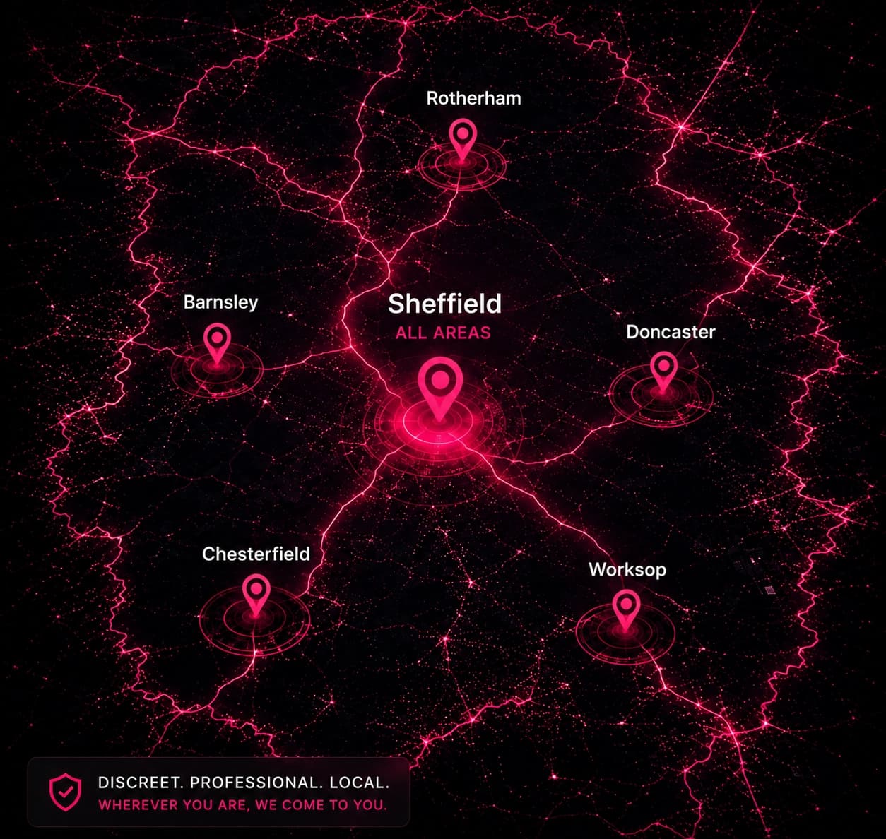 Map of Empire Escorts coverage across South Yorkshire — Sheffield, Rotherham, Barnsley, Doncaster, Chesterfield and Worksop