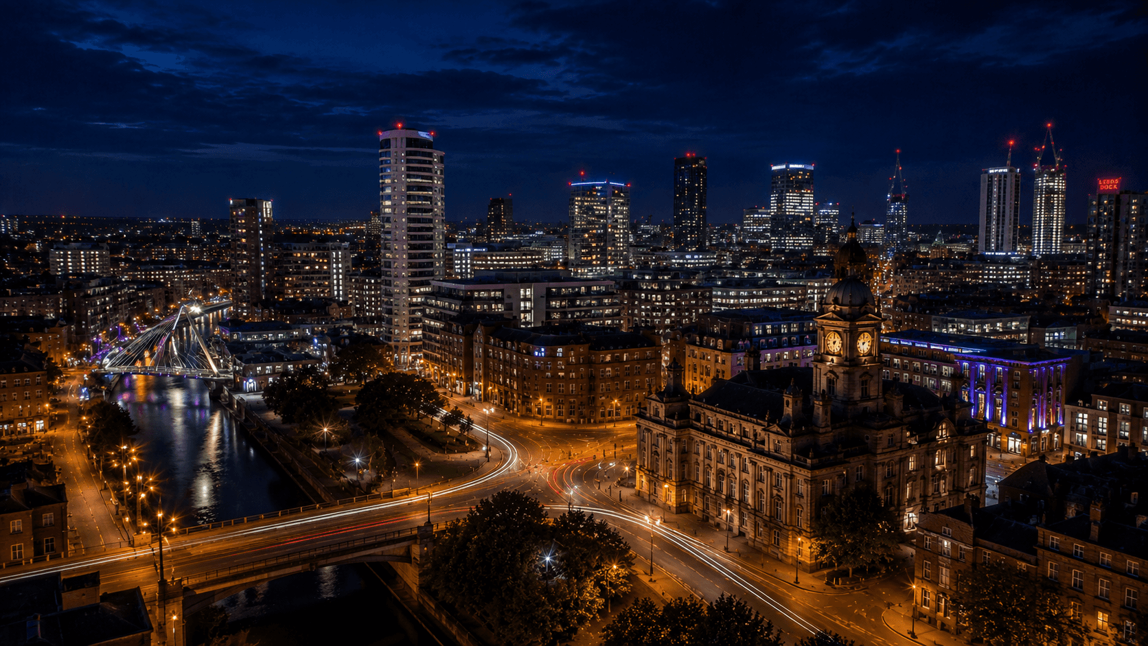 Leeds skyline at night — Empire outcall coverage area