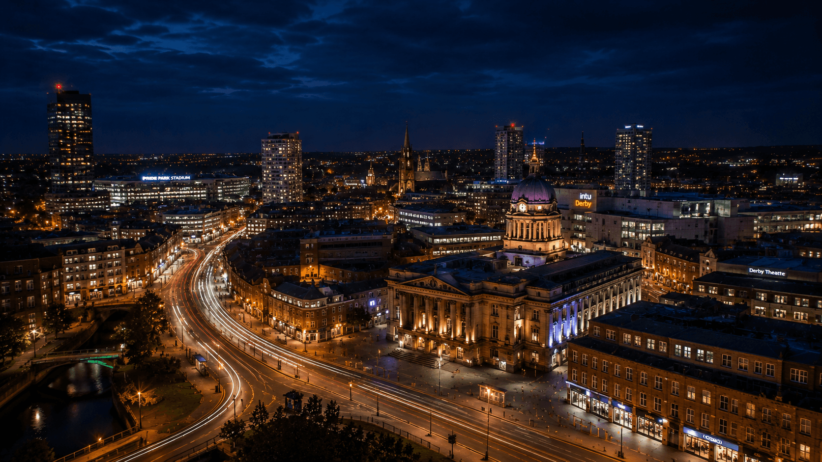 Derby skyline at night — Empire outcall coverage area